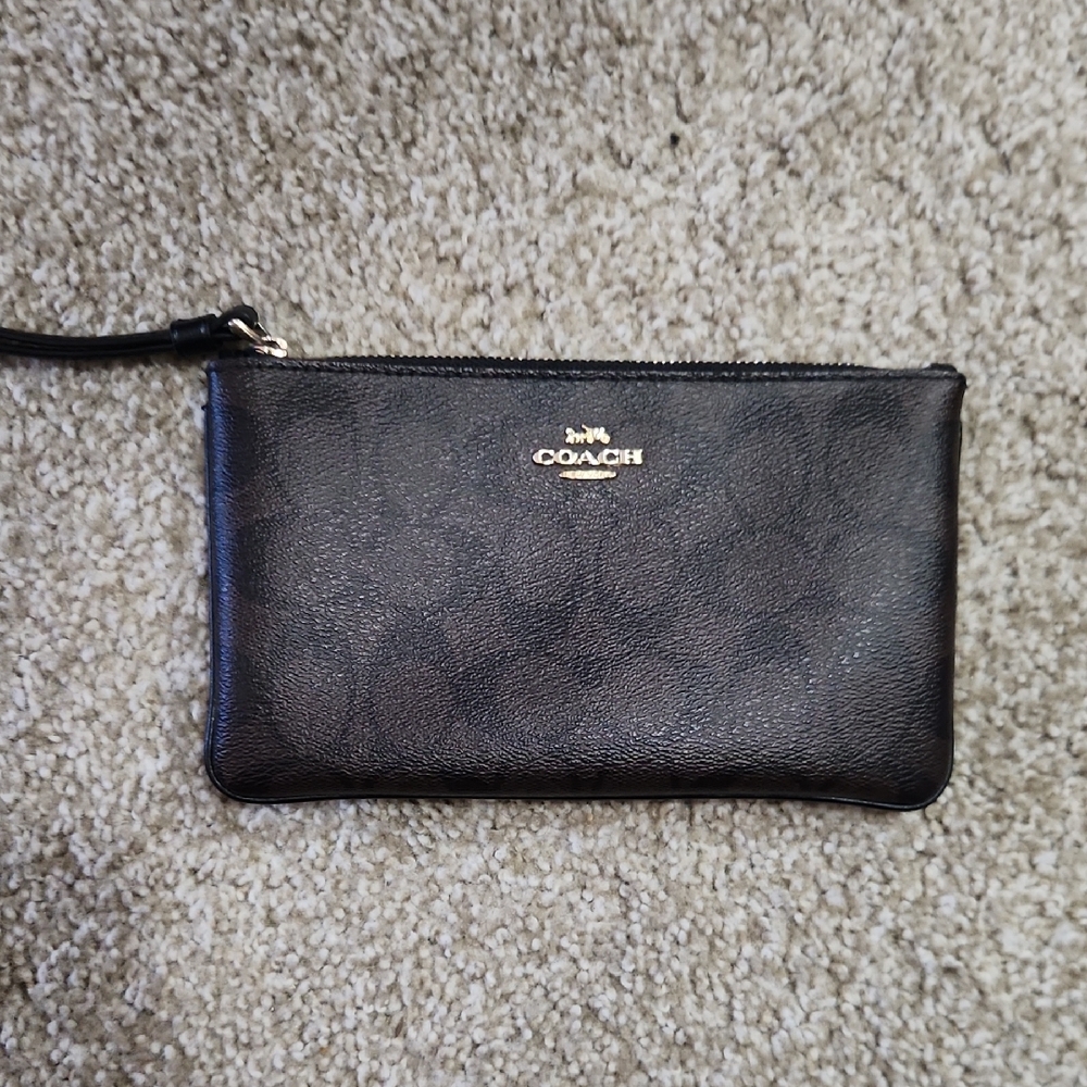 Coach Black Leather Wristlet with Gold Logo